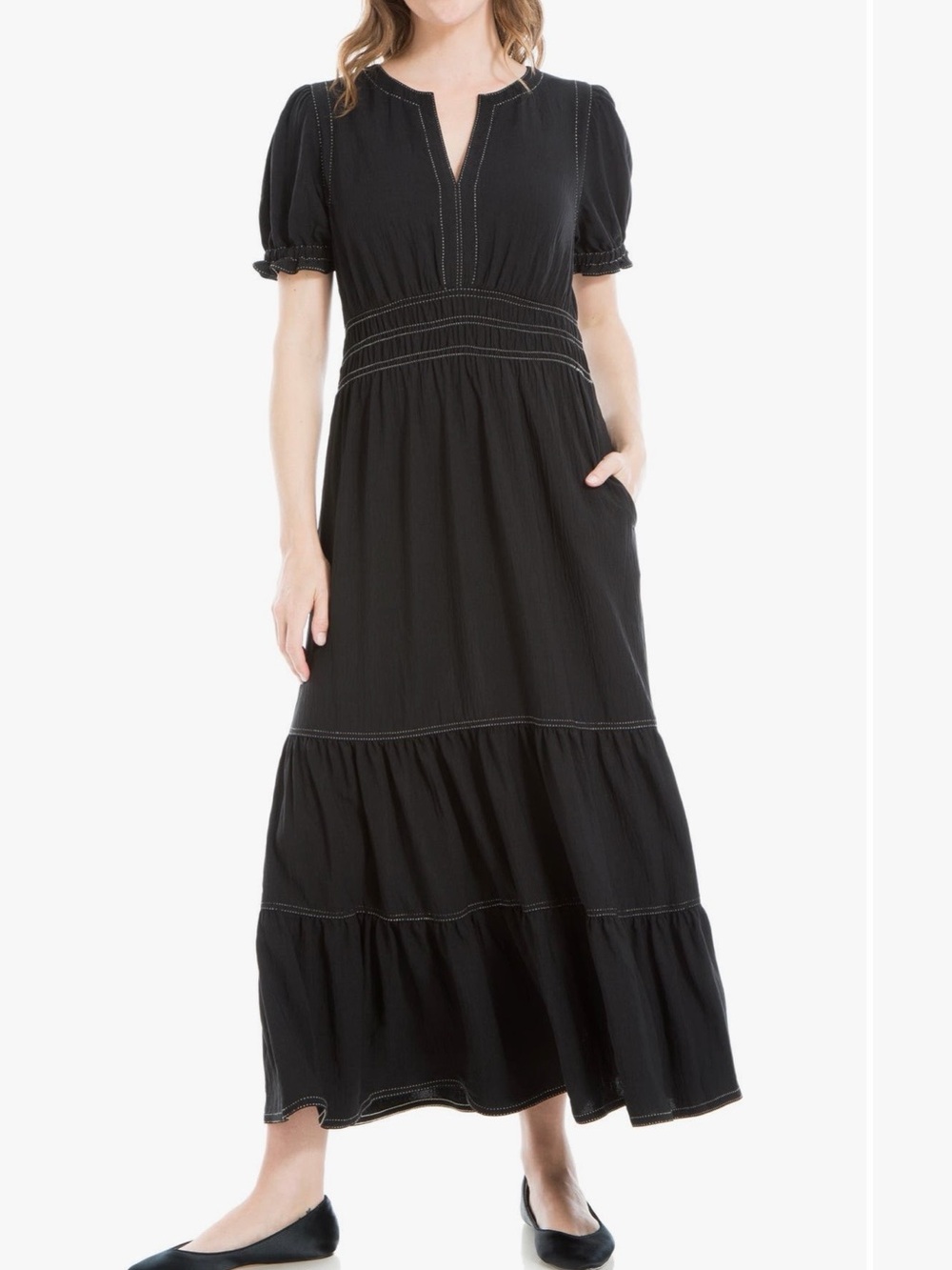 Max Studio Black Tiered Maxi Dress with Puff Sleeves and Pockets!